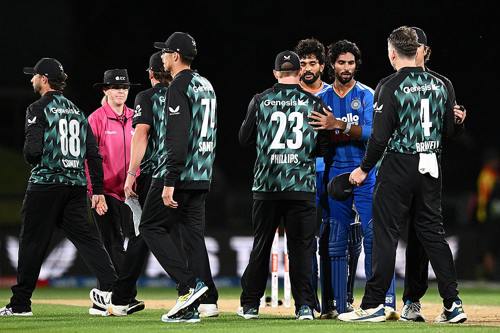 India's Tilak Varma, third right, shakes hands with New Zealand's players after winning the second T20 cricket international between New Zealand and India in Christchurch, New Zealand, Saturday, Oct. 24, 2026. - | Photo: Chris Symes/Photosport via AP