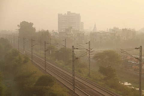 A view of the city skyline engulfed in a thick layer of smog as air quality deteriorates across the National Capital Region (NCR), in Gurugram, Haryana.