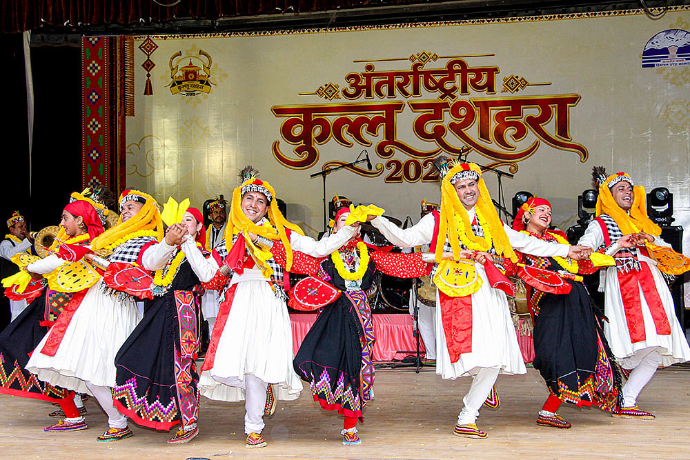 Artists perform Kullvi Nati folk dance during International Kullu Dussehra festival, in Kullu, Himachal Pradesh, Saturday, Oct. 24, 2026. - | Photo: PTI