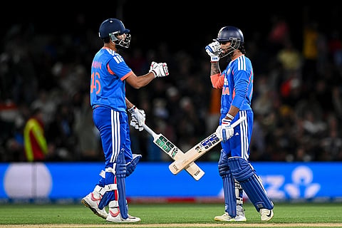 India's Naman Dhir, left, and teammate Tilak Varma gesture during the second T20 cricket international between New Zealand and India in Christchurch, New Zealand, Saturday, Oct. 24, 2026.