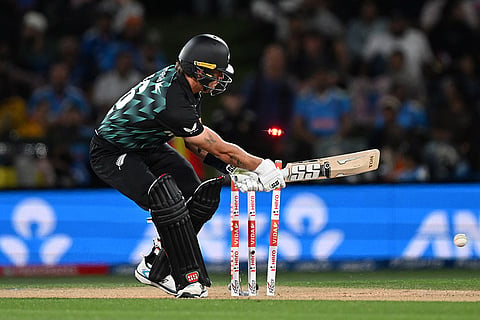 New Zealand's Finn Allen is bowled out by India's Prince Yadav during the second T20 cricket international between New Zealand and India in Christchurch, New Zealand, Saturday, Oct. 24, 2026.