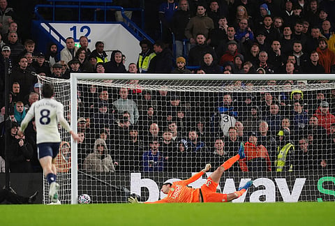 Tottenham Hotspur's Mathys Tel, not in the picture, scores their side's second goal during the English Premier League soccer match between Chelsea and Tottenham Hotspur in London, Saturday, Oct. 24, 2026.  
