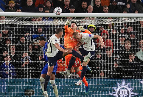 Chelsea goalkeeper Mike Penders, second from right, fails to clear the ball resulting in an own goal  duirng the English Premier League soccer match between Chelsea and Tottenham Hotspur in London, Saturday, Oct. 24, 2026.  