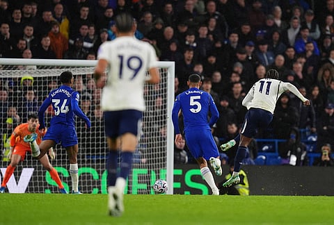 Tottenham Hotspur's Mathys Tel, right, scores their side's second goal duirng the English Premier League soccer match between Chelsea and Tottenham Hotspur in London, Saturday, Oct. 24, 2026.  