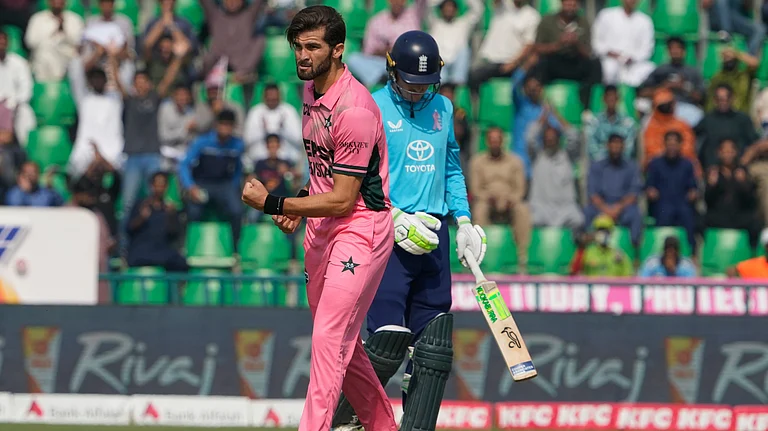 Pakistan's Shaheen Shah Afridi celebrates the dismissal of England's Tom Banton during the tri-series one-day international cricket match between Pakistan and England, in Lahore, Pakistan, Sunday, Oct. 25, 2026 - (AP Photo/K.M. Chaudary)