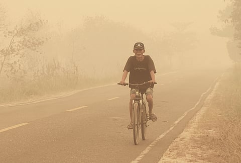 A man rides a bicycle through thick haze caused by wildfires in Palangkaraya, Central Kalimantan, Indonesia, Friday, Oct. 23, 2026. 
