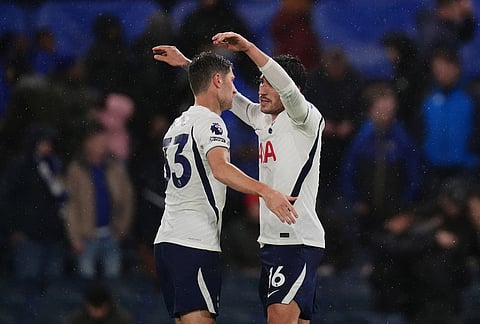 Tottenham Hotspur's Sandro Tonali, right, and Tottenham Hotspur's Ben Davies celebrate after the English Premier League soccer match between Chelsea and Tottenham Hotspur in London, Saturday, Oct. 24, 2026.  