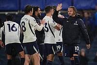 | Photo: John Walton/PA via AP : Tottenham Hotspur's James Maddison, right, and Tottenham Hotspur's Conor Gallagher celebrate after the English Premier League soccer match between Chelsea and Tottenham Hotspur in London, Saturday, Oct. 24, 2026.  