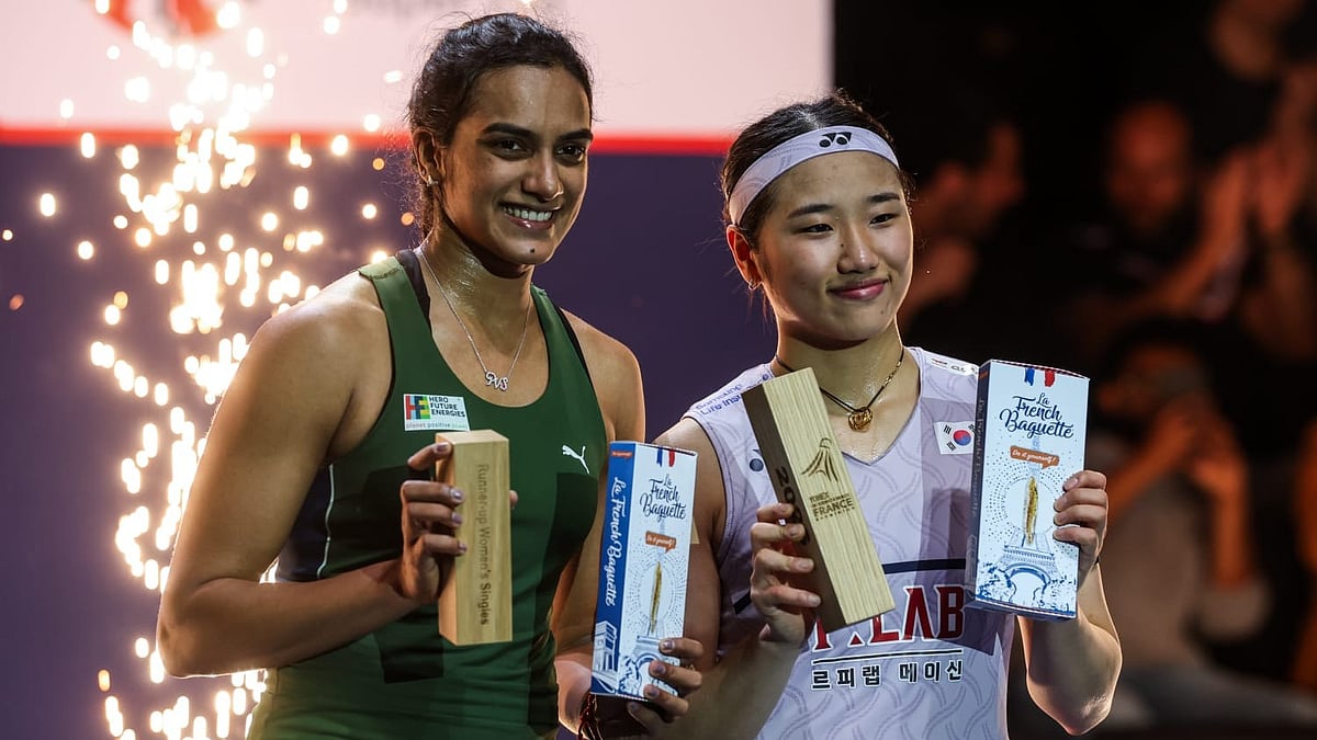 | Photo: X/Badminton Photo : (L-R) PV Sindhu and An Se Young at the podium ceremony of the French Open 2026