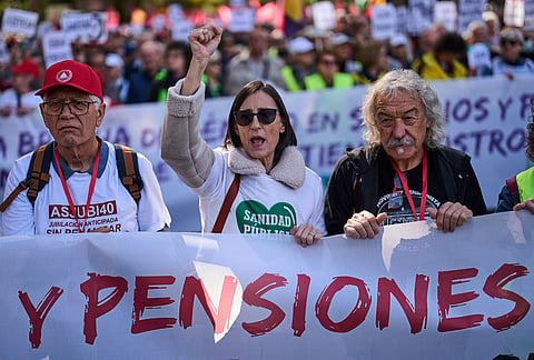 Pensioners and supporters march to defend their retirement rights in Madrid, Spain, Saturday, Oct. 24, 2026. 
