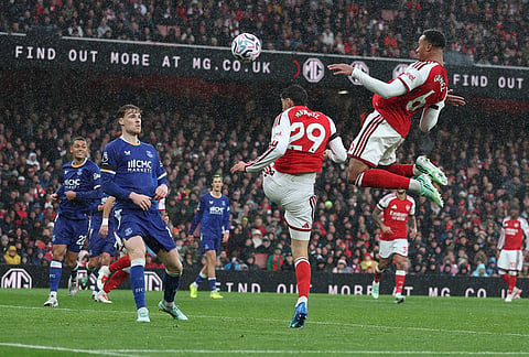 Arsenal's Gabriel scores second goal during the English Premier League soccer match between Arsenal and Everton in London, Saturday, Oct. 24, 2026. 