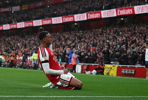 Arsenal's Gabriel celebrates after scoring second goal during the English Premier League soccer match between Arsenal and Everton in London, Saturday, Oct. 24, 2026.
