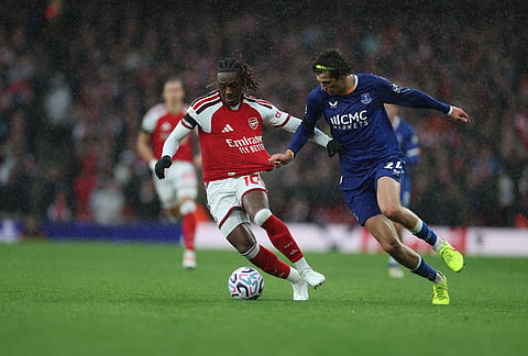 Arsenal's Eberechi Eze, left, and Everton's Merlin Roehl fight for the ball during the English Premier League soccer match between Arsenal and Everton in London, Saturday, Oct. 24, 2026. 
