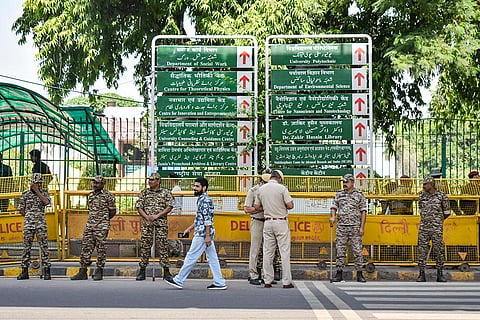 Security beefed up outside the Jamia Millia Islamia University, in New Delhi, Monday, Oct. 26, 2026. Jamia Millia Islamia on Monday ordered that students' union elections be held within 15 days of the approval of the union's constitution and revoked suspension and show-cause notices issued to students during the ongoing protest, according to an official order.