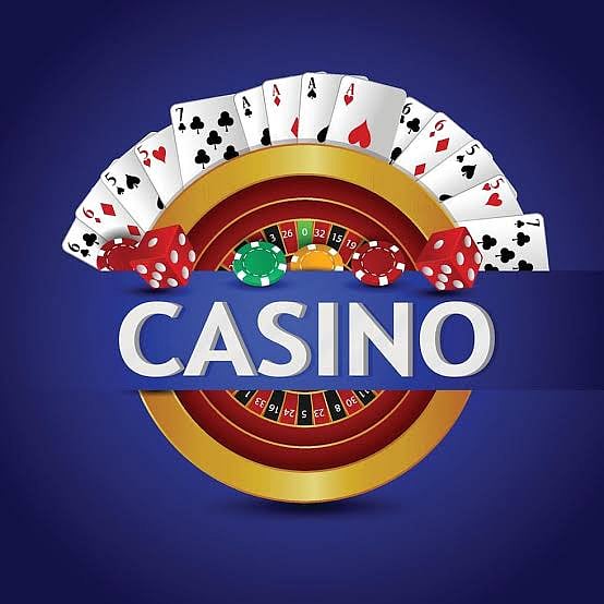 Casino logo with poker chips, cards, and roulette wheel.
