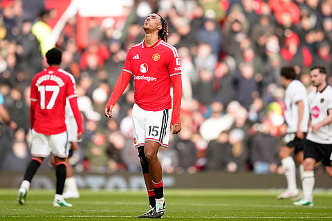 Manchester United's Leny Yoro reacts during the English Premier League soccer match between Manchester United and Bournemouth in Manchester, England, Sunday, Oct. 25, 2026.