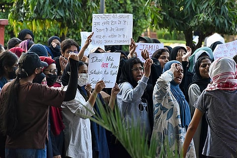 Students stage a demonstration outside the Jamia Millia Islamia University, in New Delhi, Monday, Oct. 26, 2026. Jamia Millia Islamia on Monday ordered that students' union elections be held within 15 days of the approval of the union's constitution and revoked suspension and show-cause notices issued to students during the ongoing protest, according to an official order.