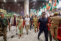 | Photo: @INCIndia/X via PTI  : In this image posted on Oct. 26, 2026, LoP in the Lok Sabha Rahul Gandhi being welcomed by Congress leaders and workers, at Lucknow Airport.