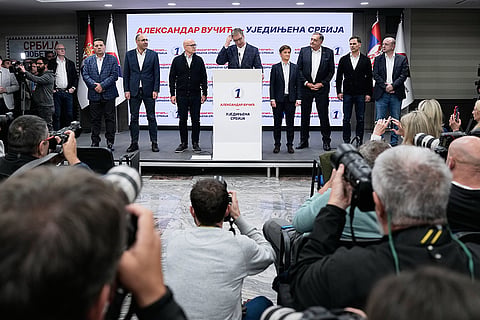 Aleksandar Vucic, leader of the right-wing Serbian Progressive Party (SNS) speaks at the party headquarters, conceding defeat in the parliamentary election in Belgrade, Serbia, Sunday, Oct. 25, 2026.