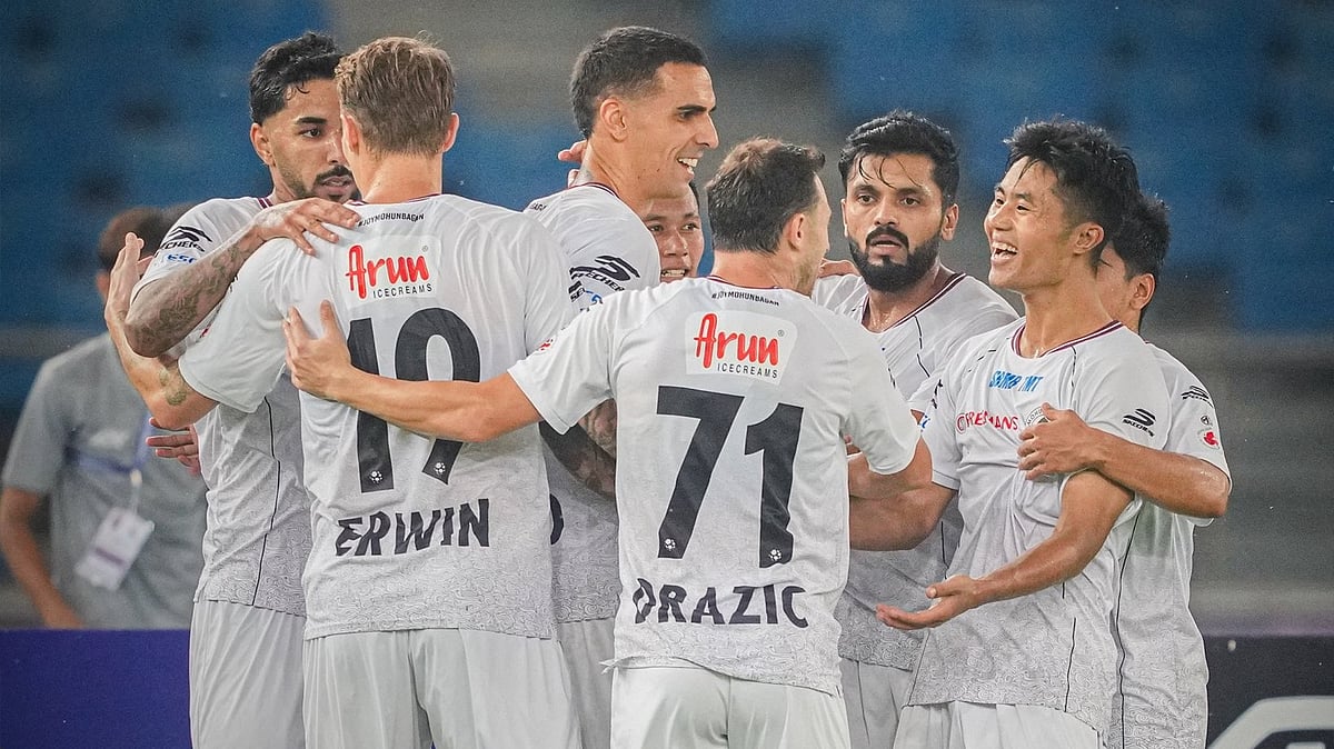 Mohun Bagan footballers celebrating after a goal against SC Delhi in ISL 2026-27.  - mohunbagansg/X