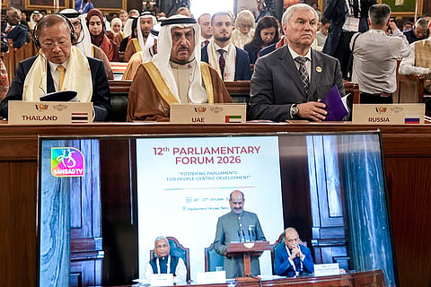Delegates of participating nations listen to the address of Lok Sabha Speaker Om Birla during the BRICS 12th Parliamentary Forum, at Parliament House, in New Delhi.