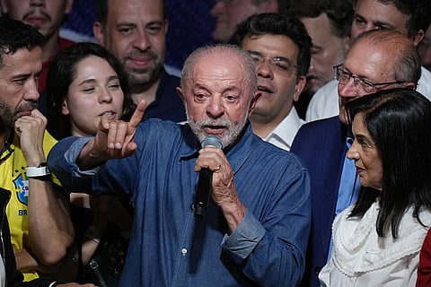 President Luiz Inacio Lula da Silva delivers a victory speech after winning a fourth term in the presidential runoff in , Brazil, Sunday, Oct. 25, 2026.