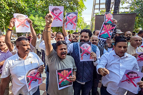 BJYM workers stage a protest against Congress chief Mallikarjun Kharge's remark referring to Prime Minister Narendra Modi's father as a "violation of political decorum" and derogatory, in Jammu.