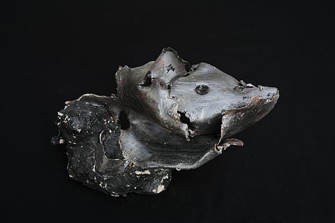 An artwork created by visual artist Lina Jouni from shrapnel collected from Israeli military munitions is displayed at her home in the village of Roumin, southern Lebanon, Sunday, Oct. 25, 2026.
