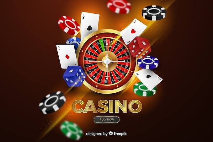 Casino logo with poker chips, dice, and cards.