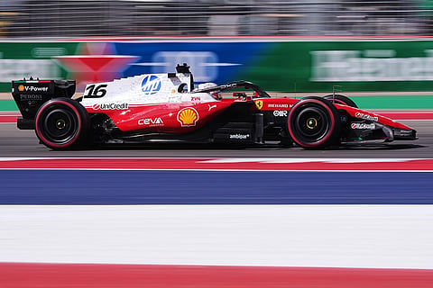 Ferrari driver Charles Leclerc of Monaco steers his car out of a turn during the third practice session for the Formula One United States Grand Prix auto race in Austin, Texas, Saturday, Oct. 24, 2026.