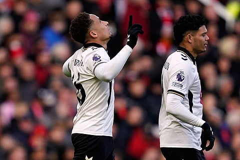 Bournemouth's Marcus Tavernier, left, celebrates scoring his side's second goal during the English Premier League soccer match between Manchester United and Bournemouth in Manchester, England, Sunday, Oct. 25, 2026.