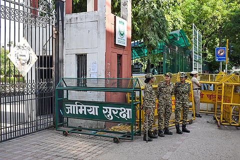 Security beefed up outside the Jamia Millia Islamia University, in New Delhi, Monday, Oct. 26, 2026. Jamia Millia Islamia on Monday ordered that students' union elections be held within 15 days of the approval of the union's constitution and revoked suspension and show-cause notices issued to students during the ongoing protest, according to an official order.