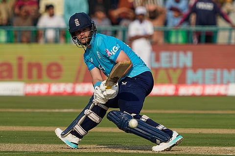 England's Ben Duckett plays a shot during the tri-series one-day international cricket match between Pakistan and England, in Lahore, Pakistan, Sunday, Oct. 25, 2026.