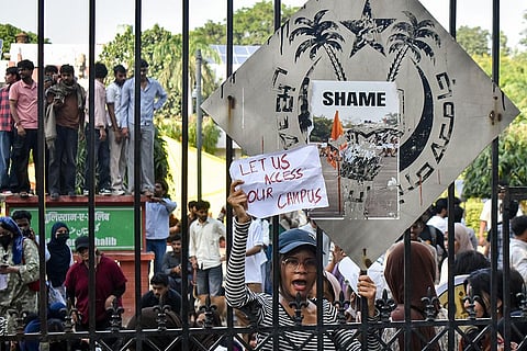 Students stage a demonstration outside the Jamia Millia Islamia University, in New Delhi, Monday, Oct. 26, 2026. Jamia Millia Islamia on Monday ordered that students' union elections be held within 15 days of the approval of the union's constitution and revoked suspension and show-cause notices issued to students during the ongoing protest, according to an official order.