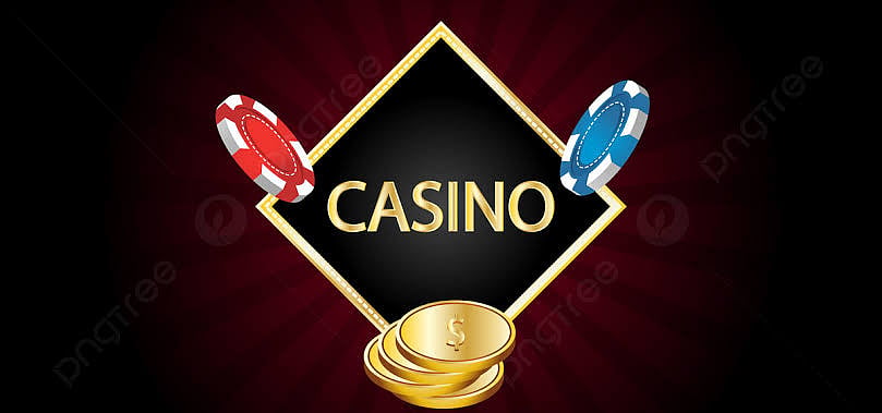 Casino logo with red and blue poker chips and gold coins.