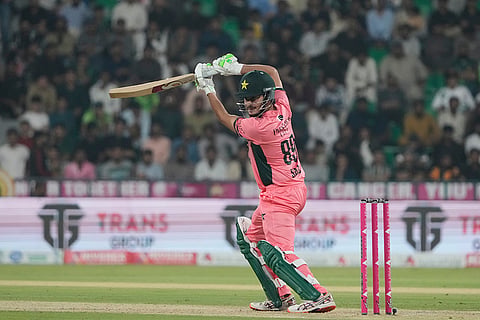 Pakistan's Saad Baig plays a shot during the tri-series one-day international cricket match between Pakistan and England, in Lahore, Pakistan, Sunday, Oct. 25, 2026.