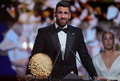 Unai Simón of Spain wins the Men's Goalkeeper of the Year during the Ballon d'Or ceremony at the London Palladium Theatre in London, England, Monday, Oct. 26, 2026.