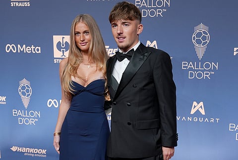 Bayern Munich's Lennart Karl and partner Zoe Kappele attend the Ballon d'Or ceremony at the London Palladium Theatre in London, England, Monday, Oct. 26, 2026.