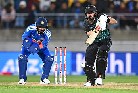 New Zealand's Daryl Mitchell bats during the third T20 cricket international match between New Zealand and India in Wellington, New Zealand, Tuesday, Oct. 27, 2026. 