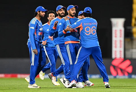 Indian players celebrate the wicket of New Zealand's Tim Seifert during the third T20 cricket international between New Zealand and India in Wellington, New Zealand, Tuesday, Oct. 27, 2026. 