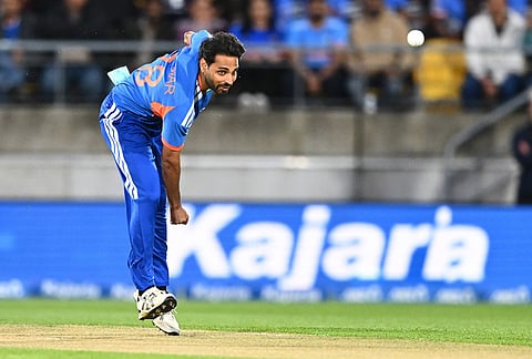 India's Bhuvneshwar Kumar bowls during the third T20 cricket international match between New Zealand and India in Wellington, New Zealand, Tuesday, Oct. 27, 2026. 