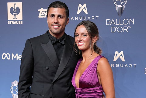 Barcelona's Rodri and partner Laura Iglesias attend the Ballon d'Or ceremony at the London Palladium Theatre in London, England, Monday, Oct. 26, 2026.
