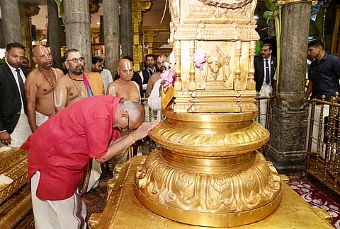 Vice-President CP Radhakrishnan offers prayers during a visit to Sri Padmavathi Ammavari Temple, at Tiruchanur, in Tirupati district, Andhra Pradesh. 