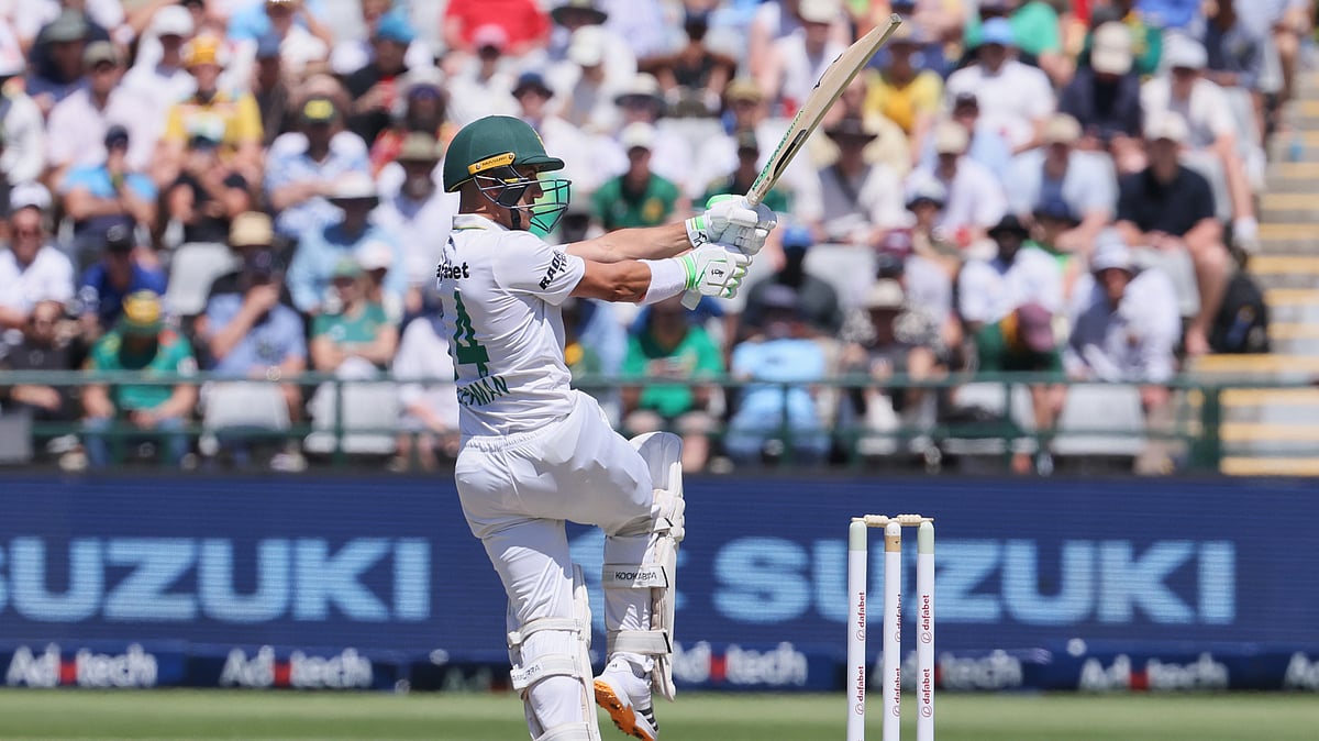 South Africa's Marques Ackerman plays a shot on day one of the third cricket test match between South Africa and Australia in Cape Town, South Africa, Tuesday, Oct. 27, 2026 - (AP Photo/Halden Krog)
