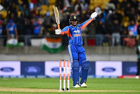 India's Abhishek Sharma celebrates his hundred during the third T20 cricket international match between New Zealand and India in Wellington, New Zealand, Tuesday, Oct. 27, 2026. 