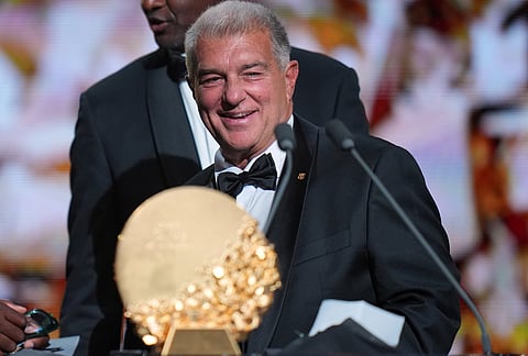 President of FC Barcelona Joan Laporta delivers a speech after receiving the "2026 Ballon d'Or Women's Club of the Year" trophy during the Ballon d'Or ceremony at the London Palladium Theatre in London, England, Monday, Oct. 26, 2026.