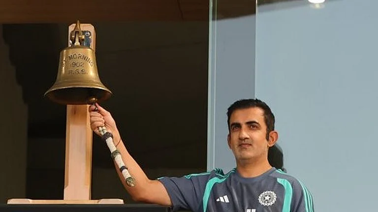 Gautam Gambhir rang the traditional bell to signal the start of play for the 2nd T20I at Hagley Oval - | Photo: X/BCCI