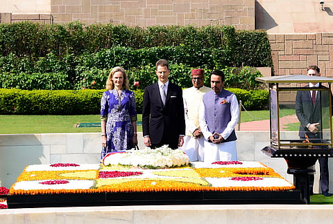 Hereditary Prince Alois and Hereditary Princess Sophie of Liechtenstein pay tribute to Mahatma Gandhi during their State visit to India, at Raj Ghat, in New Delhi. MoS Jayant Chaudhary is also seen. 