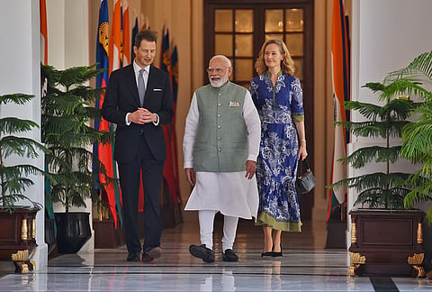 Prime Minister Narendra Modi with Hereditary Prince Alois and Hereditary Princess Sophie of Liechtenstein during a bilateral meeting, at Hyderabad House, in New Delhi. 
