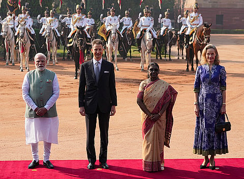 President Droupadi Murmu, Prime Minister Narendra Modi with Hereditary Prince Alois of Liechtenstein and Hereditary Princess Sophie during a ceremonial reception, at Rashtrapati Bhavan, in New Delhi.